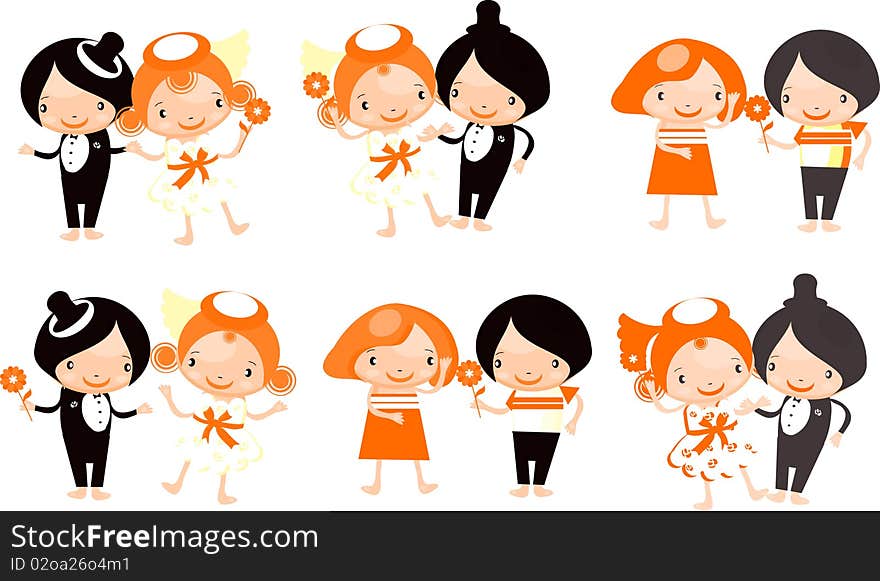 Set of isolated couple cartoon for funny wedding invitation vector format easy to edit individual objects 4