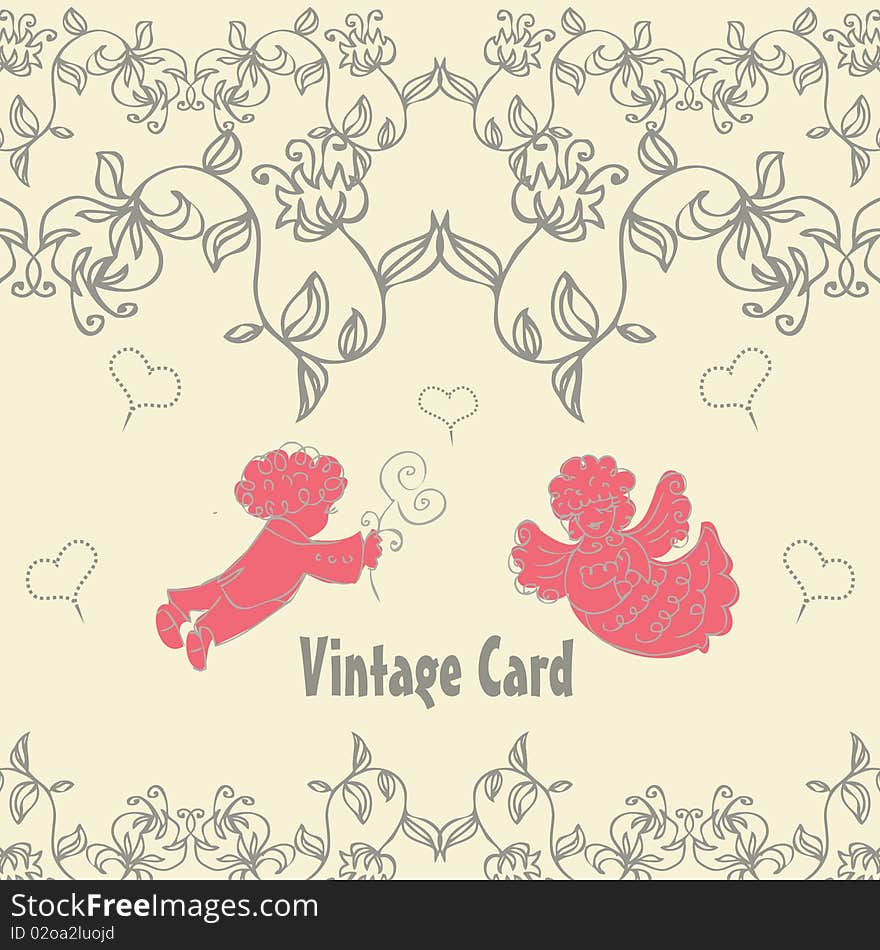 Vintage vector illustration with couple angels in love floral. Vintage vector illustration with couple angels in love floral