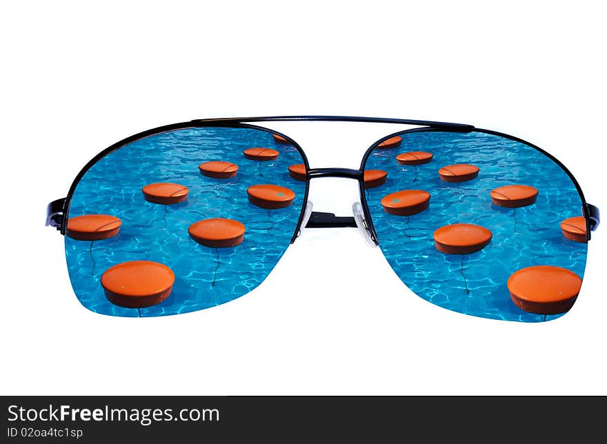 Isolated sunglasses with reflection of water