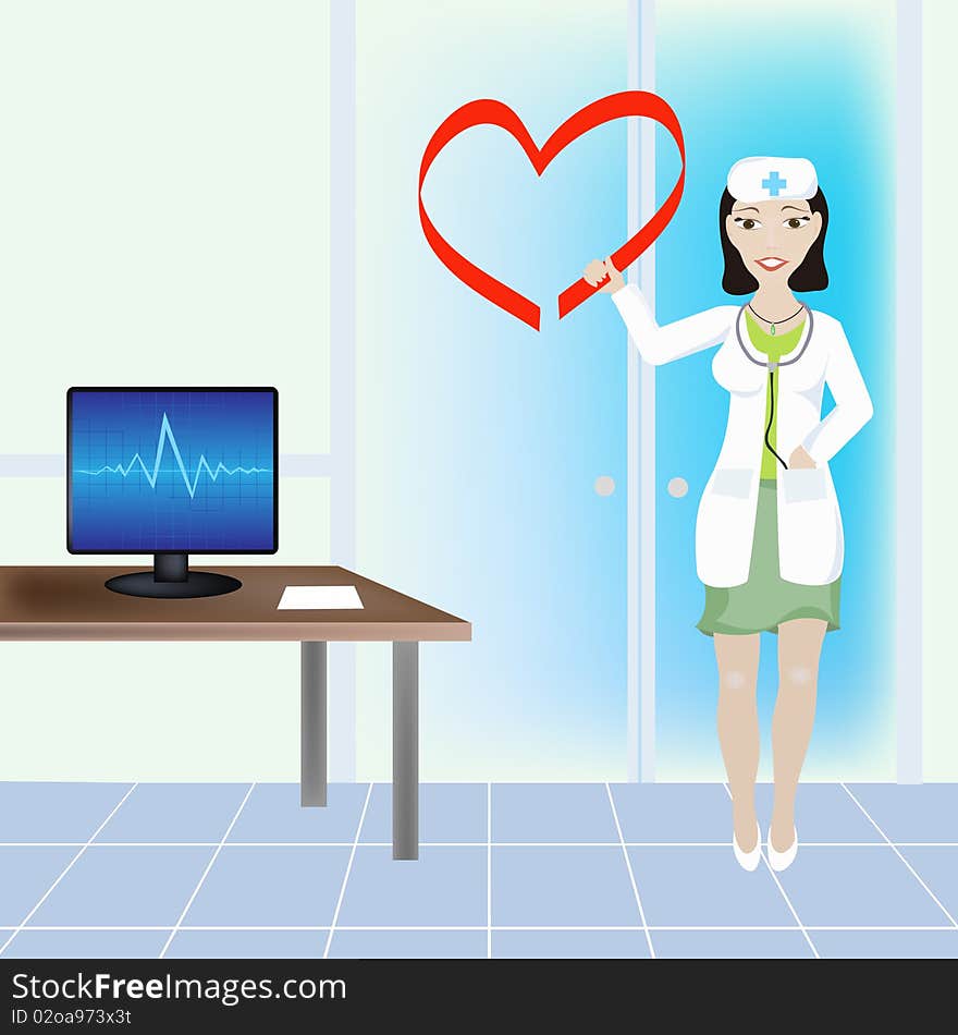 Vector illustration of a beautiful young doctor in cardiological clinic