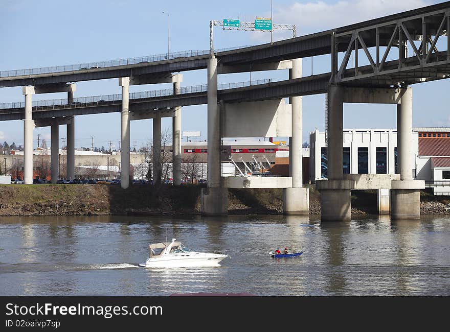 Elevated freeway & boats, Portland Oregon.