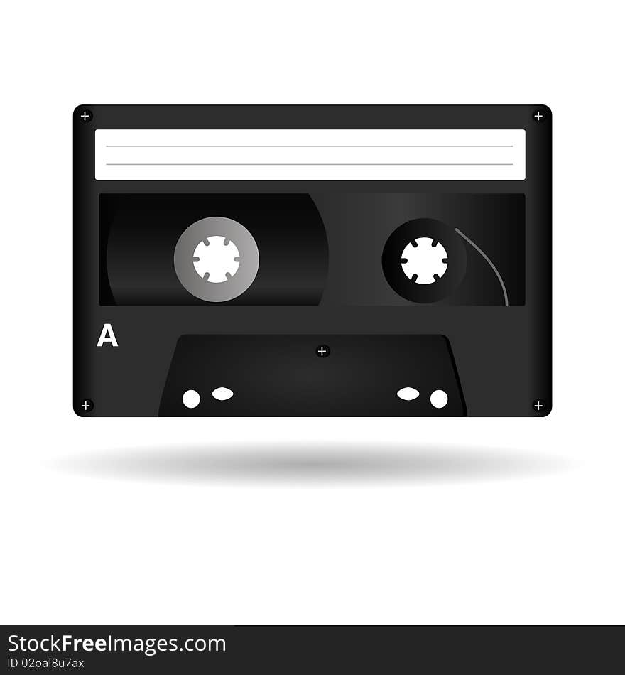 An illustration of a black cassette isolated on white. An illustration of a black cassette isolated on white