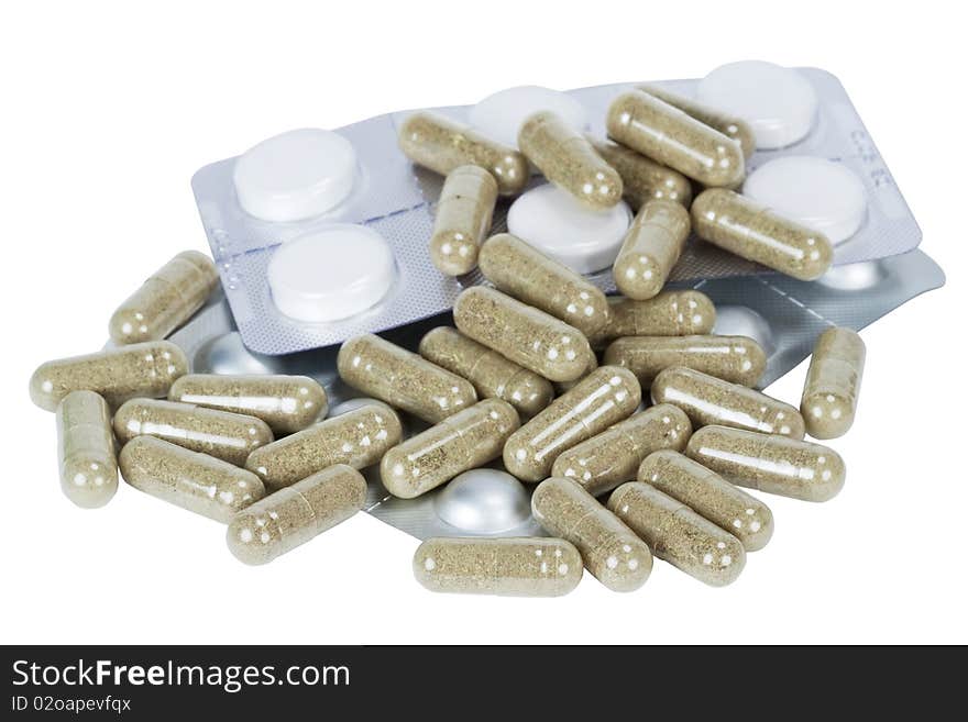 Capsules with medicine and tablets