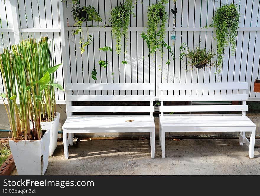 White chair in green garden