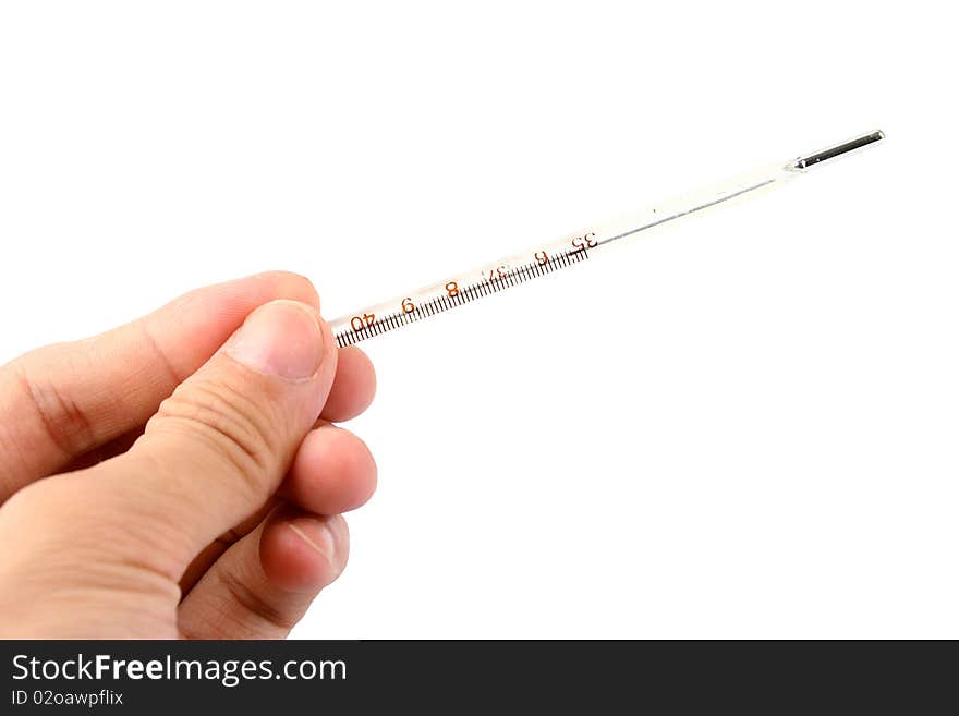 Hand holding thermometer over a white background