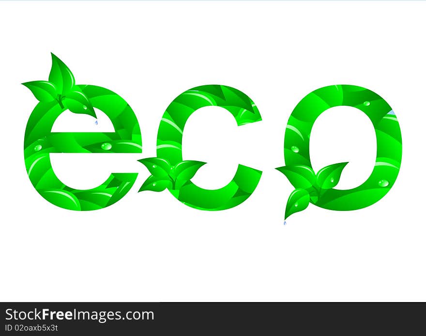 ECO word with leaves and drops. Vector. ECO word with leaves and drops. Vector.