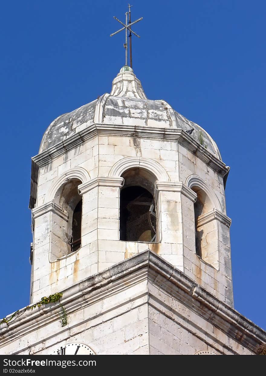 Close up of the catholic church tower cupola.