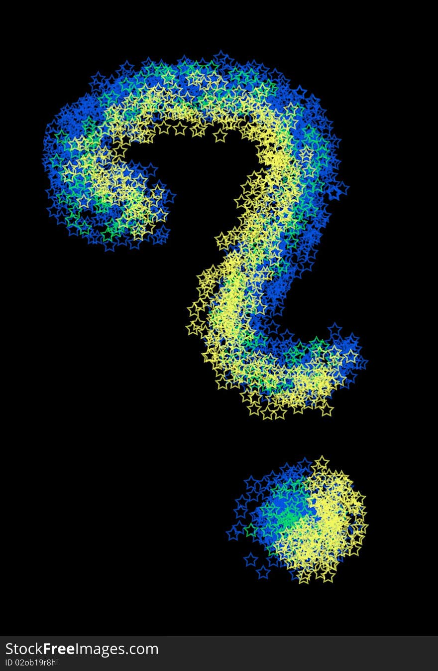 A big question mark made of colourful stars. The colors are blue, green and yellow on a black background.