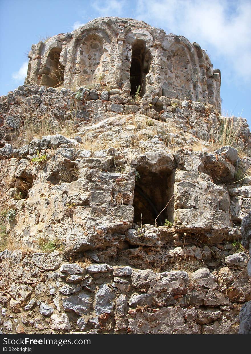 The castle was built on the remnants of earlier Byzantine era and Roman era fortifications. The castle is located 250 meters high on a rocky peninsula jutting into the Mediterranean Sea. Ruins of a Byzantine church located in the castle. The castle was built on the remnants of earlier Byzantine era and Roman era fortifications. The castle is located 250 meters high on a rocky peninsula jutting into the Mediterranean Sea. Ruins of a Byzantine church located in the castle