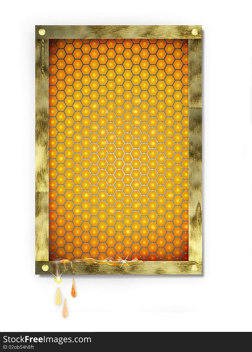 Illustration. Honeycomb bees in a wooden frame. Illustration. Honeycomb bees in a wooden frame