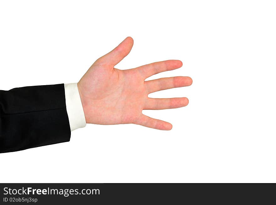 Isolated open male's hand with fingers on white