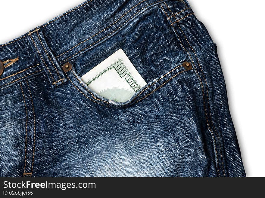 Jeans pocket with one hundred dollars banknotes