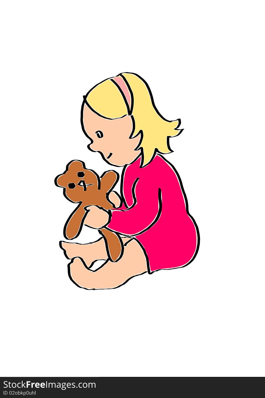 Little girl is playing with a teddy bear