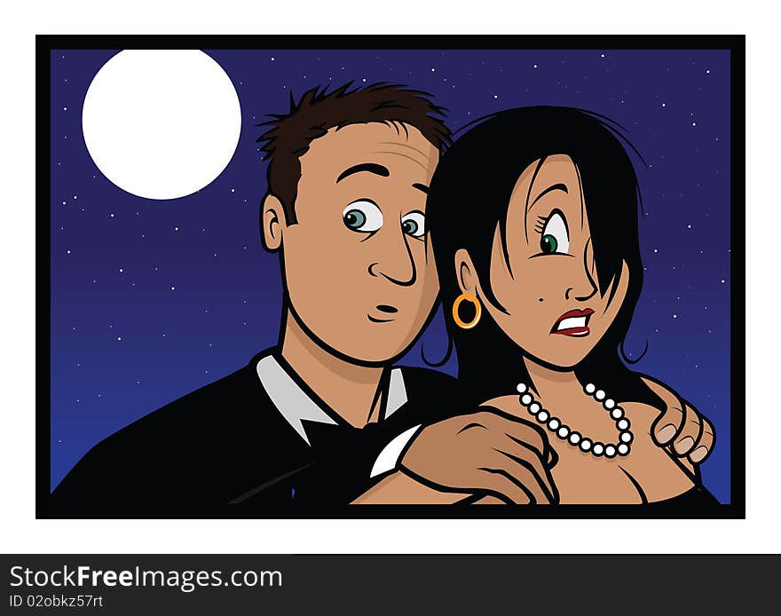 Cartoon vector illustration of a frightened couple