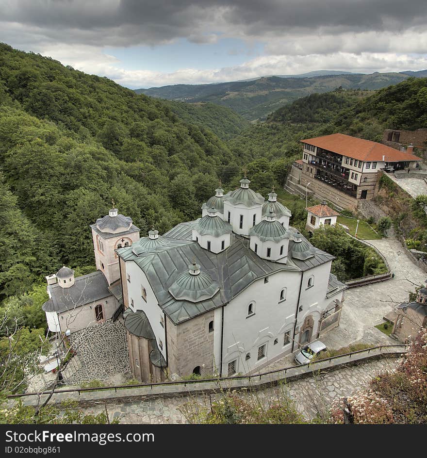 Panoramic view of St. Joakim Osogovski Monastery complex in Macedonia  (Panoramic high dynamic image). Panoramic view of St. Joakim Osogovski Monastery complex in Macedonia  (Panoramic high dynamic image)