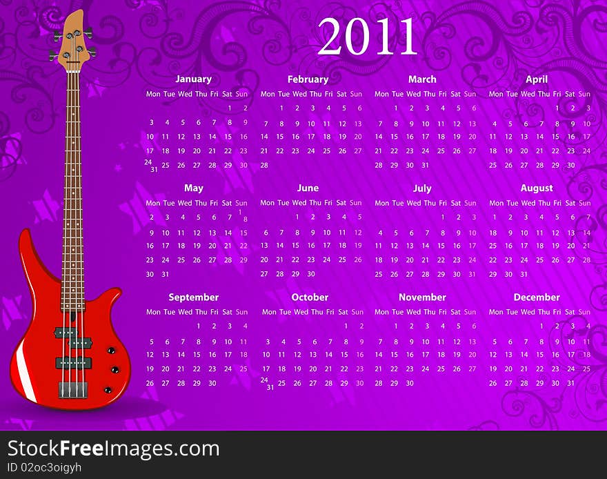 Vector European calendar 2011 with bass guitar