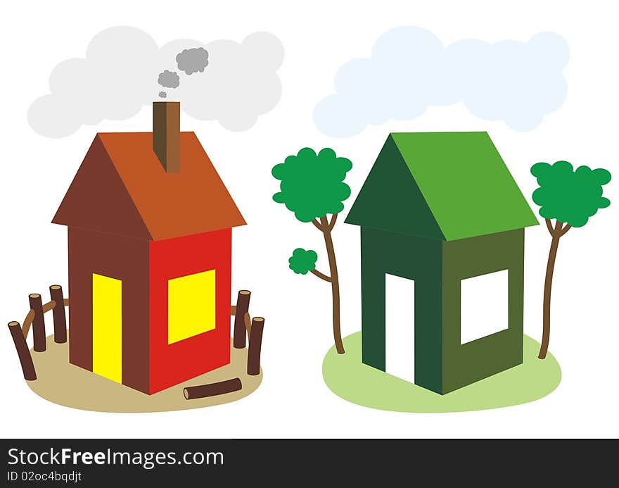 Illustration of two houses, ordinary and ecological. Illustration of two houses, ordinary and ecological