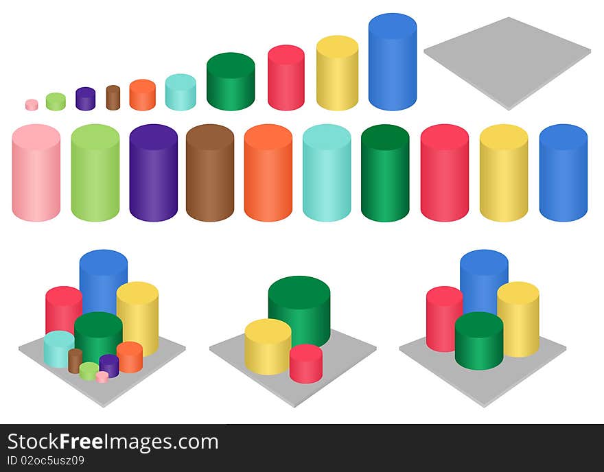 A set of colourful columns that can be used together to make 3D graphs. Each component is isolated on white for easy cutting out and resizing. Three generic examples are included. Rasterised. Excellent for using in business presentations.