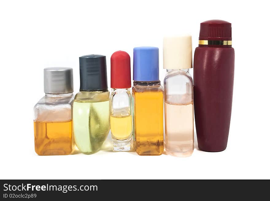 Small shampoo bottles isolated on white background. Small shampoo bottles isolated on white background