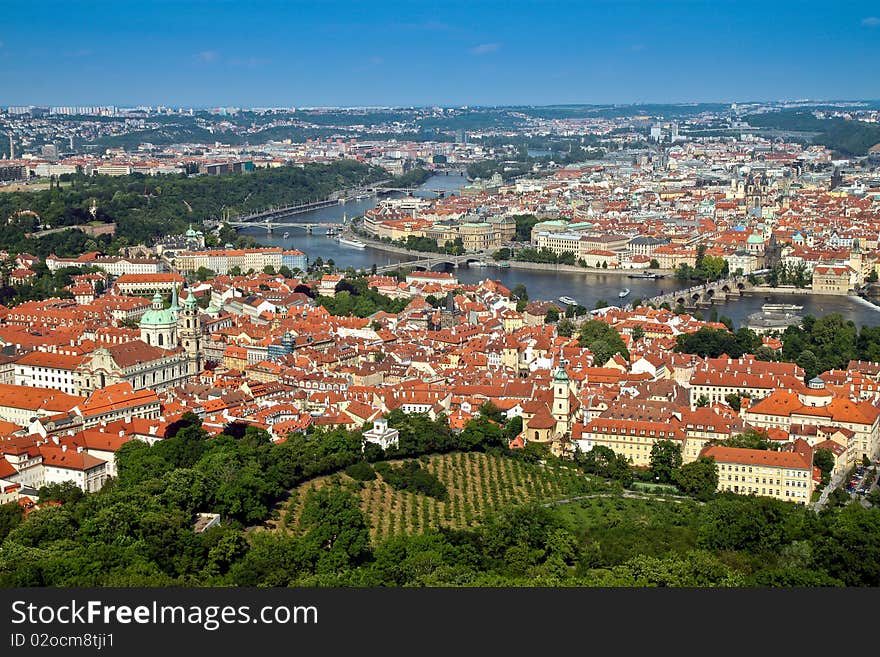 View of Prague city with bridges from Petrin tower