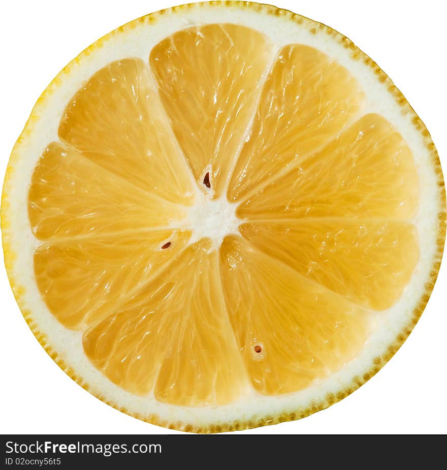 Single cross section of lemon. Isolated on white background. Close-up. Studio photography.