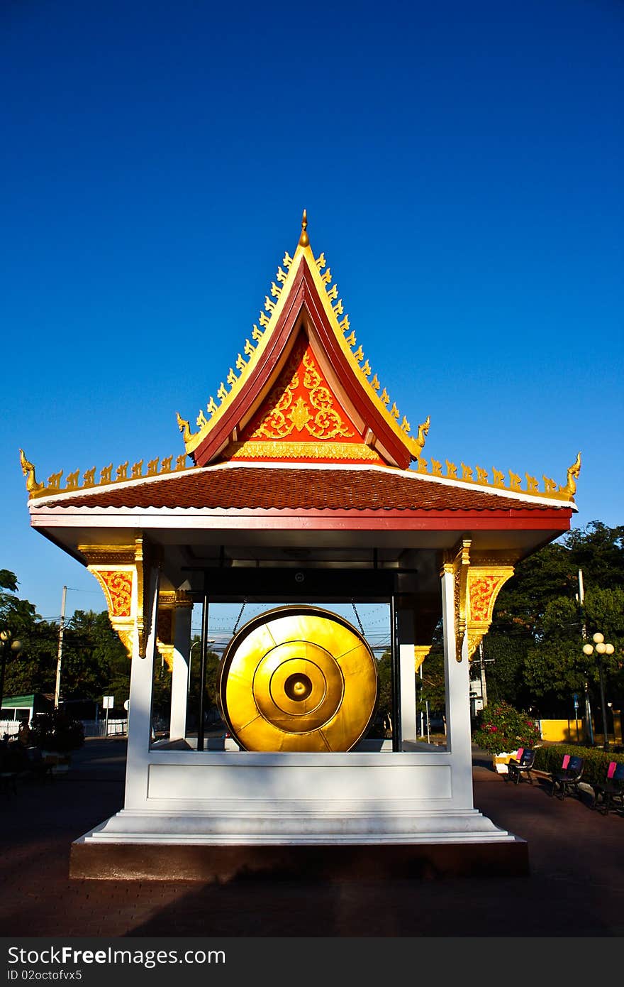 Pavilion of golden big gong at Triumphal arch of Laos