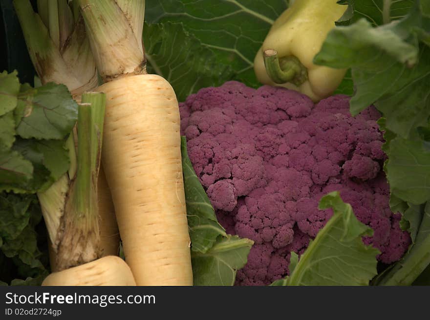 Vegetable selection with purple cauliflower