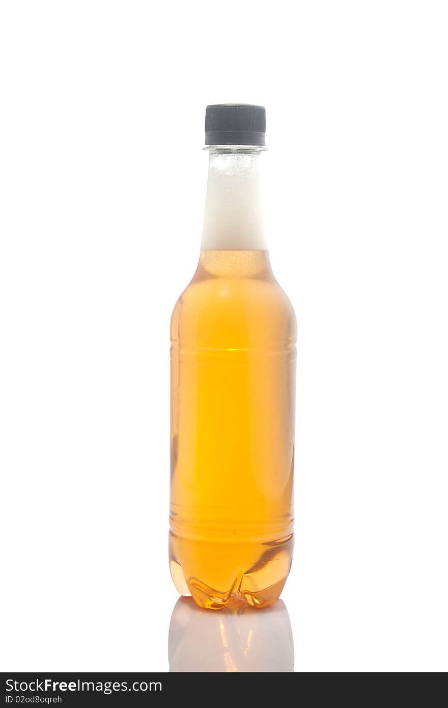 A bottle of beer is slanted with white background