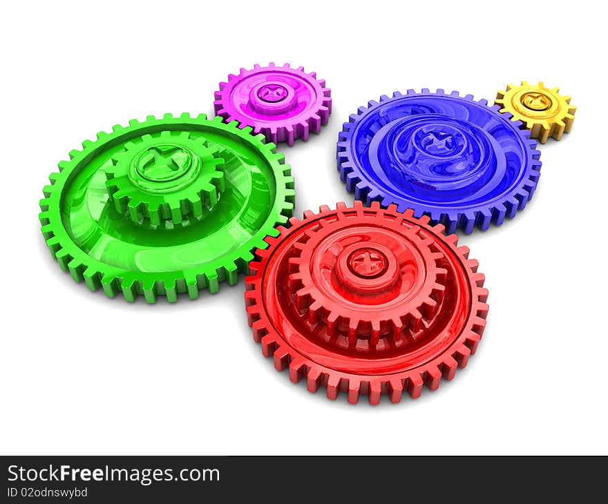 3d illustration of colorful gear wheels sustem over white background