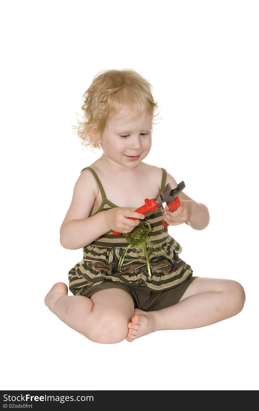 The girl with the red nose pliers on a white background