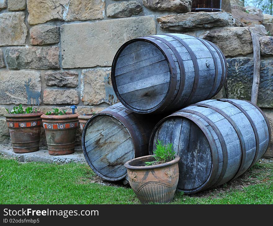 Old whiskey barrels stacked up. Old whiskey barrels stacked up