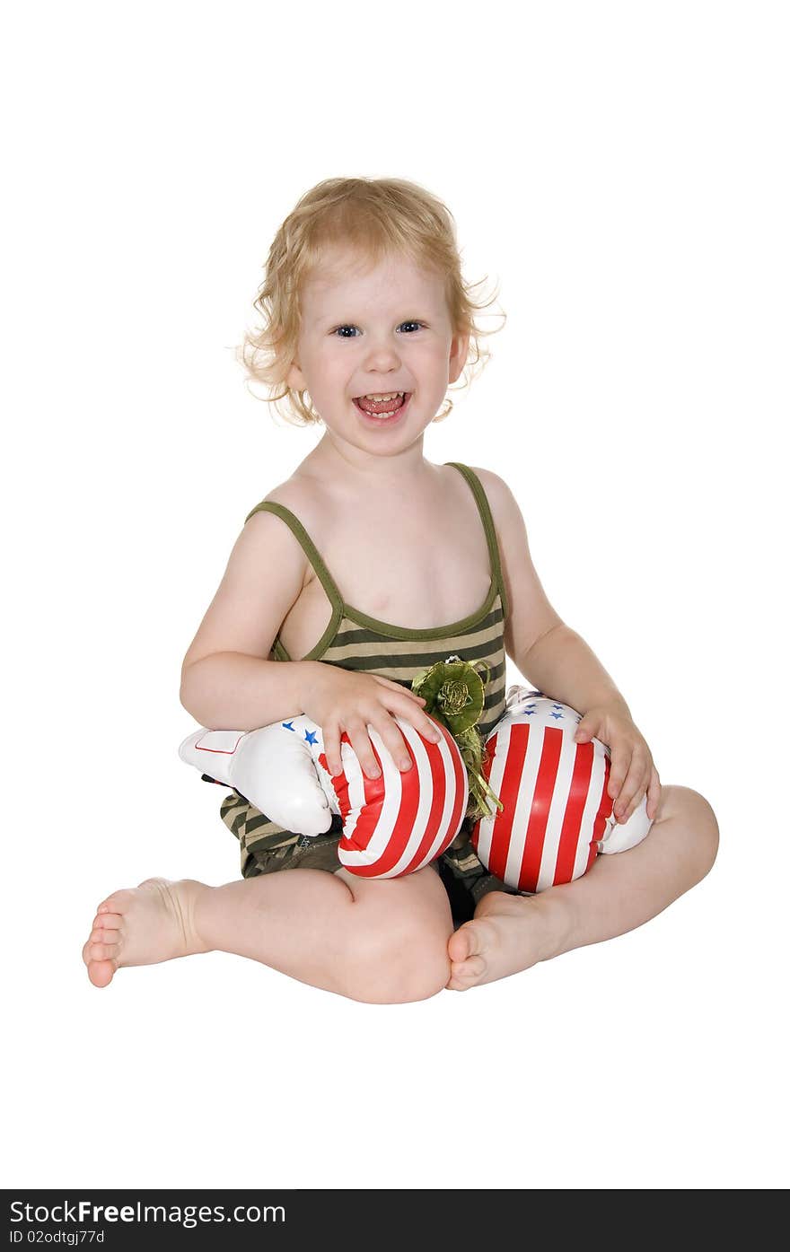 Girl with boxing gloves on white background