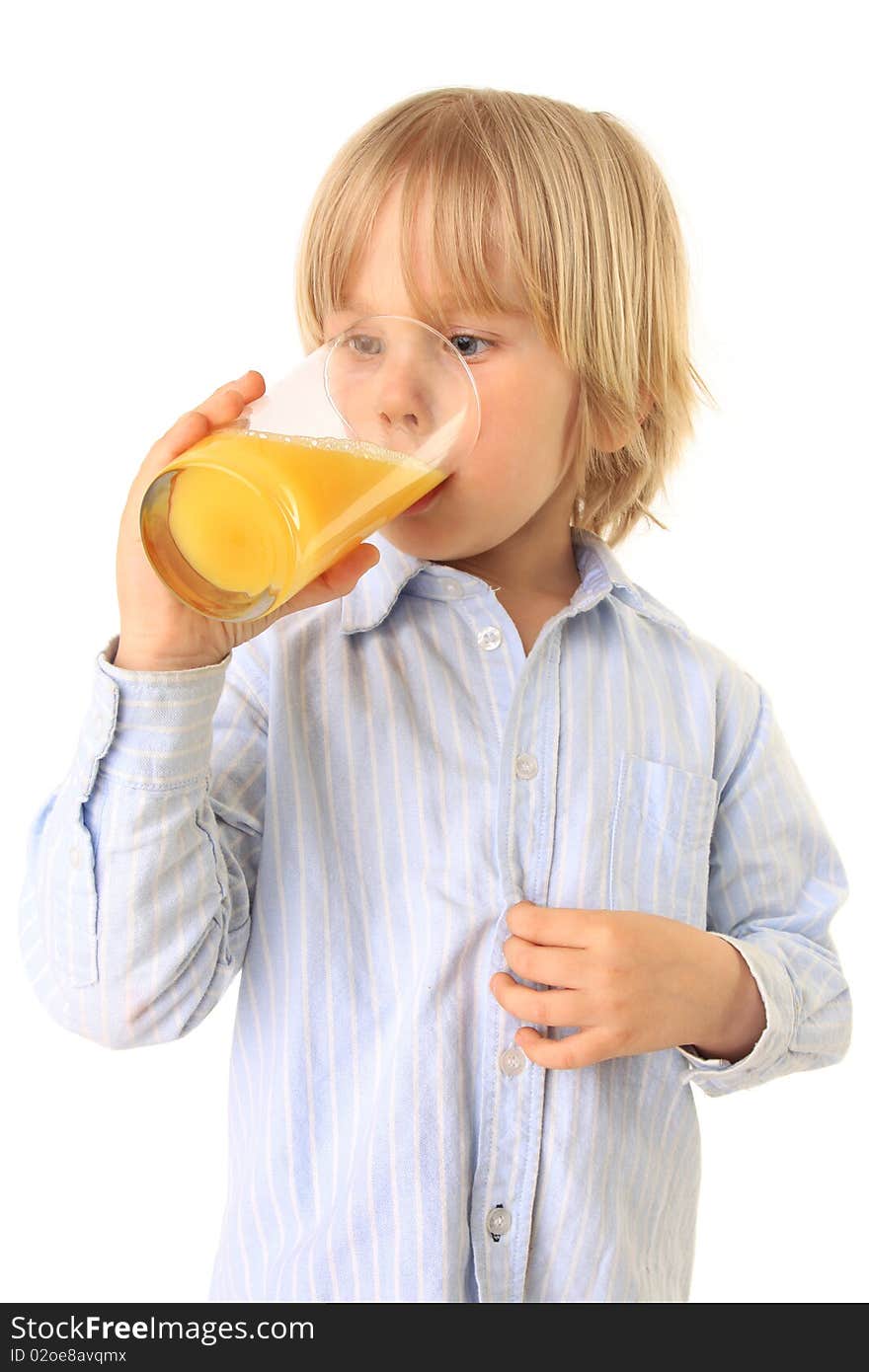 Blond child drinks fresh fruit juice isolated on white. Blond child drinks fresh fruit juice isolated on white