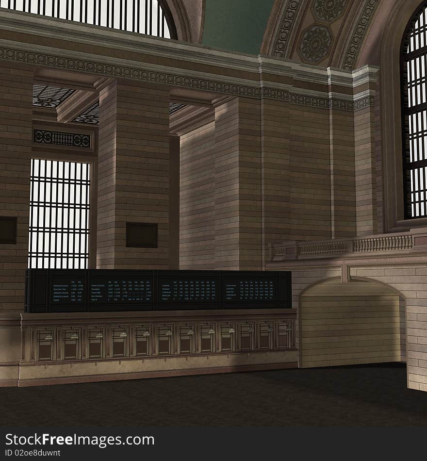 An Empty Central Station. 3D rendering with clipping path and shadow over white