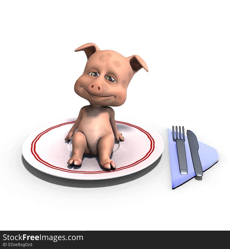 Cute and funny toon pig served on a dish as a