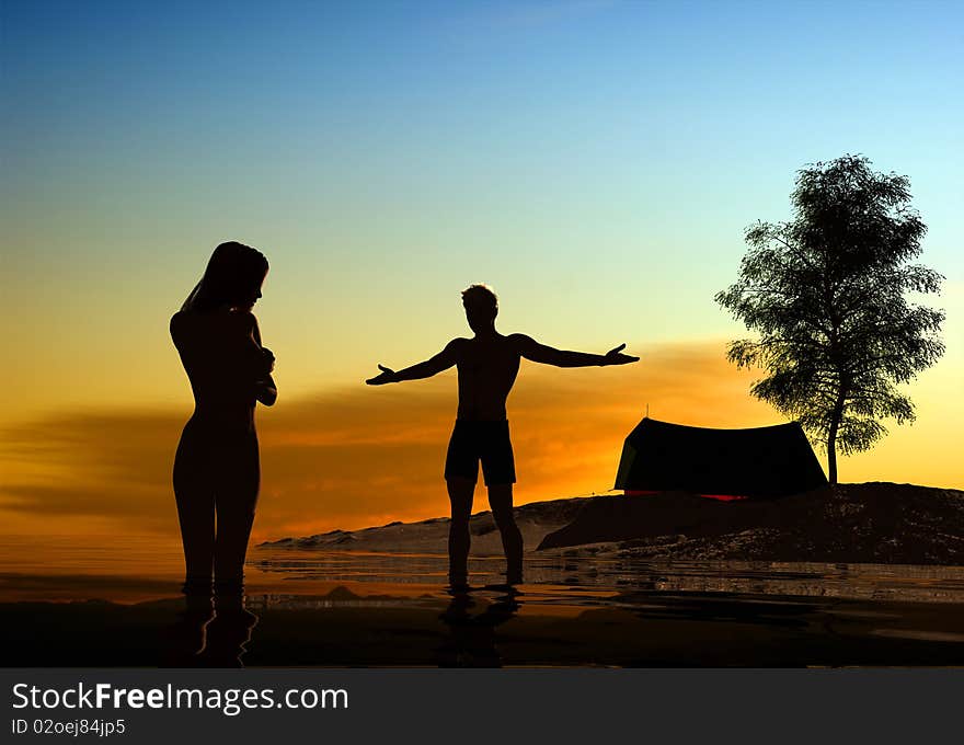 Silhouettes of people on holiday at the sea. Silhouettes of people on holiday at the sea