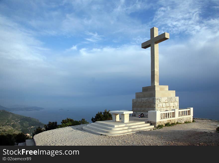 Cross with altar on the hill above Dubrovnik, Croatia