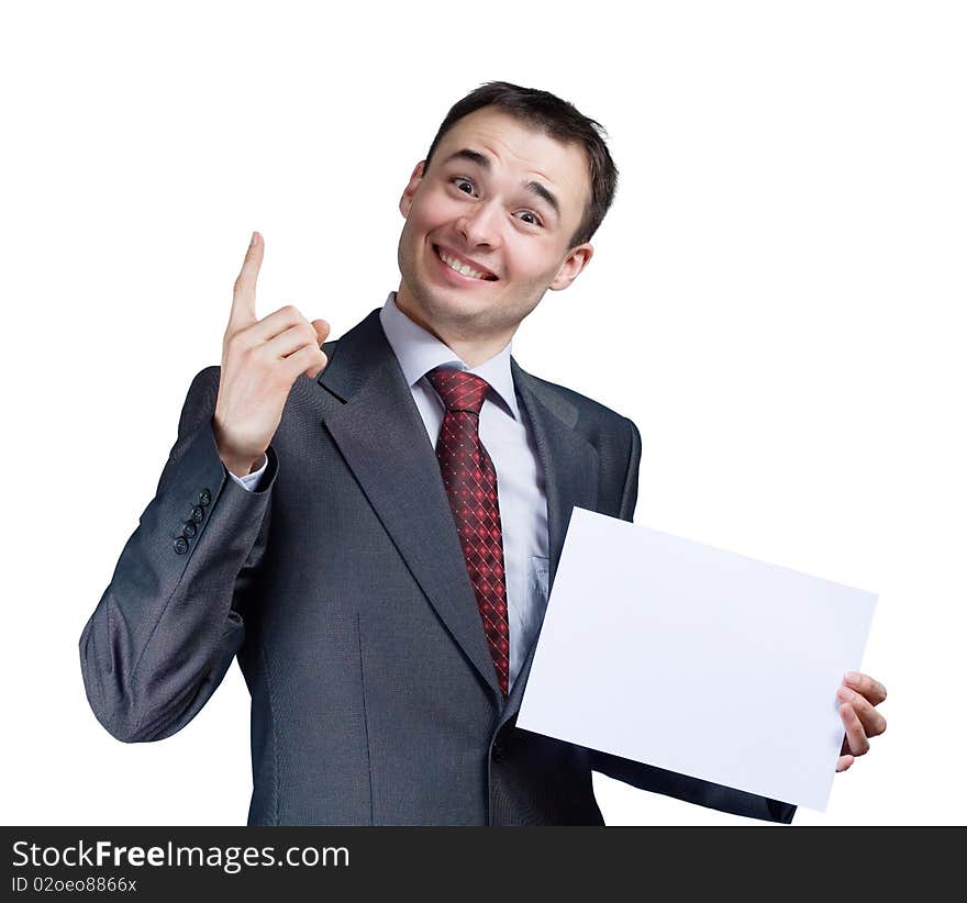 Portrait of businessman holding a blank banner