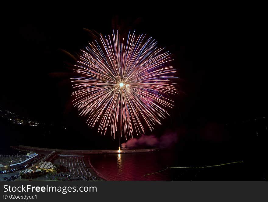 Sea Landscape with fireworks from the beach. Sea Landscape with fireworks from the beach