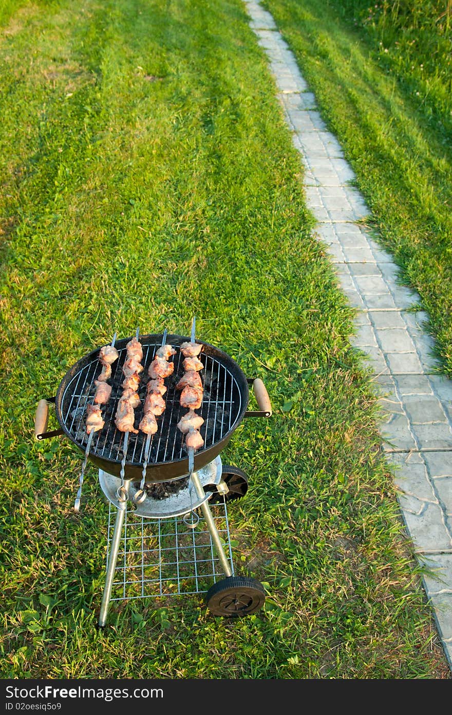 Meat preparation on a barbecue on the nature in the open air