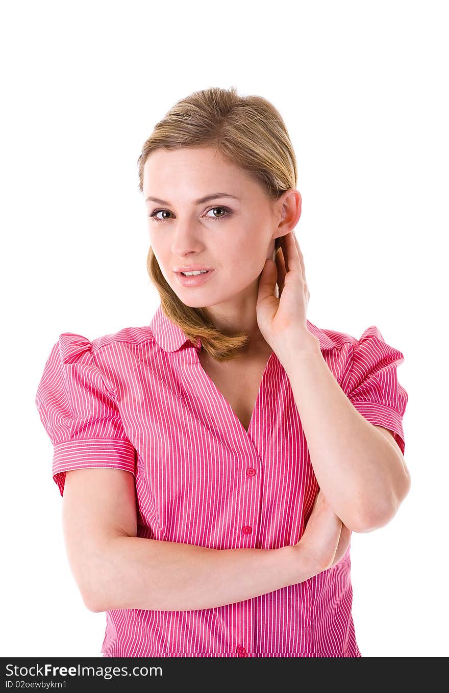 Young very attractive businesswoman in pink stripped shirt, very confident and smart looking, studio shoot isolated on white background. Young very attractive businesswoman in pink stripped shirt, very confident and smart looking, studio shoot isolated on white background