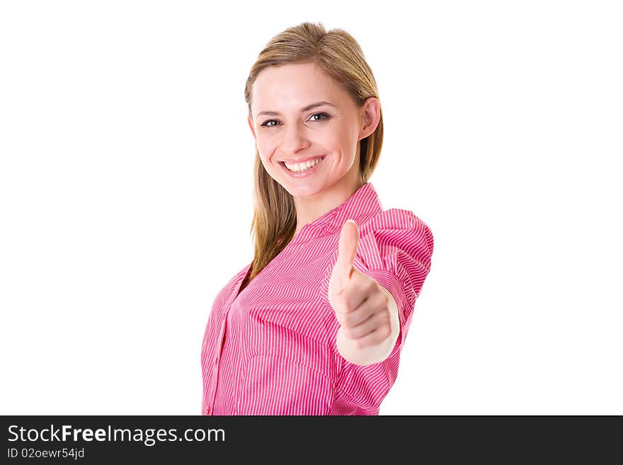 Very attractive young businesswoman shows thumb up gesture, wears pink stripped shirt, studio shoot isolated on white background. Very attractive young businesswoman shows thumb up gesture, wears pink stripped shirt, studio shoot isolated on white background