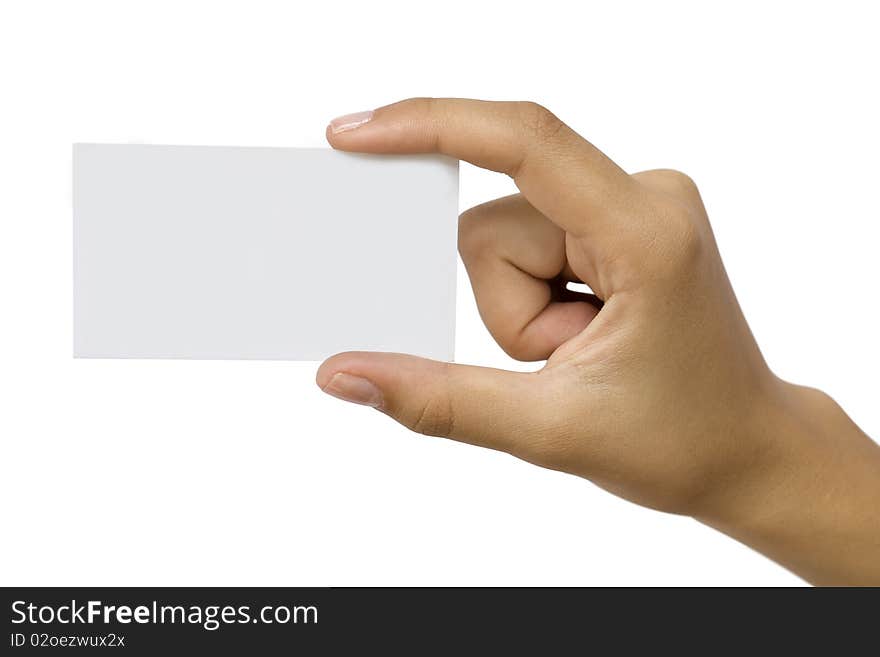 Hand with the white sheet of paper on a white background