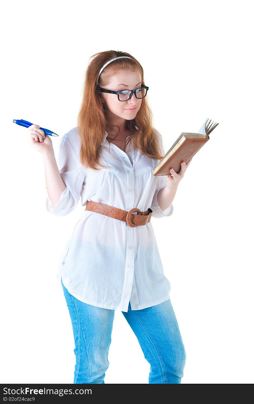 Redhaired businesswoman with notepad . Isolated over white backrgound .