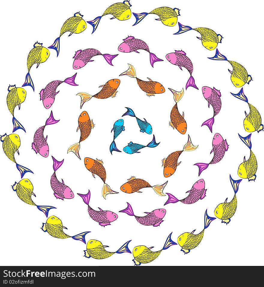 Yellow, pink, orrange and blue fishes in circle. Yellow, pink, orrange and blue fishes in circle