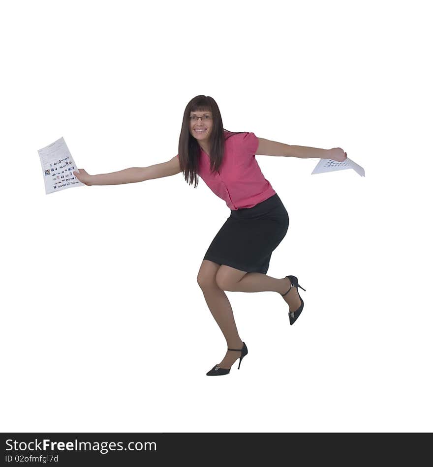 Jumping beautiful lady isolated on a white background