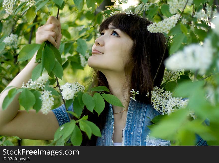 Girl standing near lilac in garden