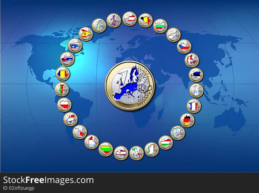 European Unions flags stamped in euro coins. European Unions flags stamped in euro coins