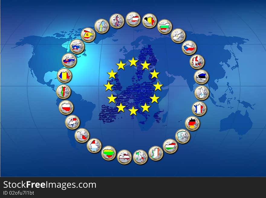 European Unions flags stamped in euro coins. European Unions flags stamped in euro coins