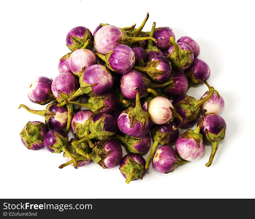 Group of small Egg-plants. Aubergine. Isolated over white.